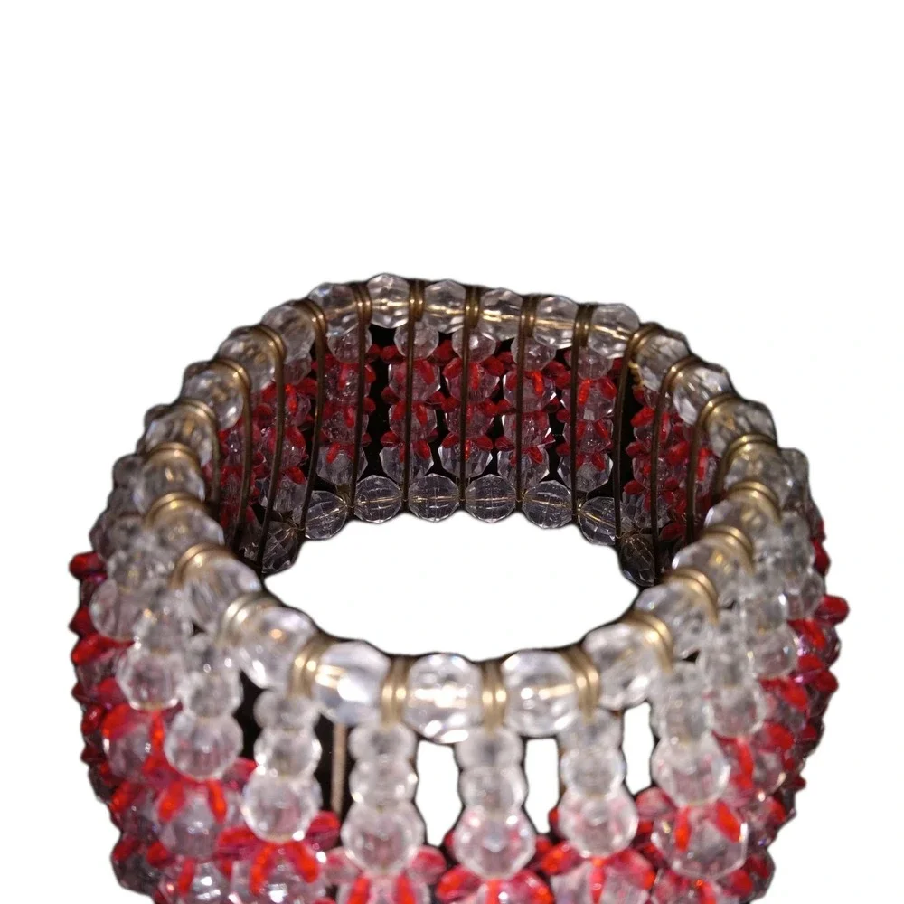 Vintage Mid‎ Century Safety Pin & Beads Candle Holder Red Tramp Art Victorian